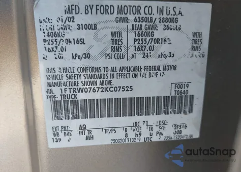 2002 Ford F-150 Lariat/Xlt from USA, damaged, VIN 1FTRW07672KC07525